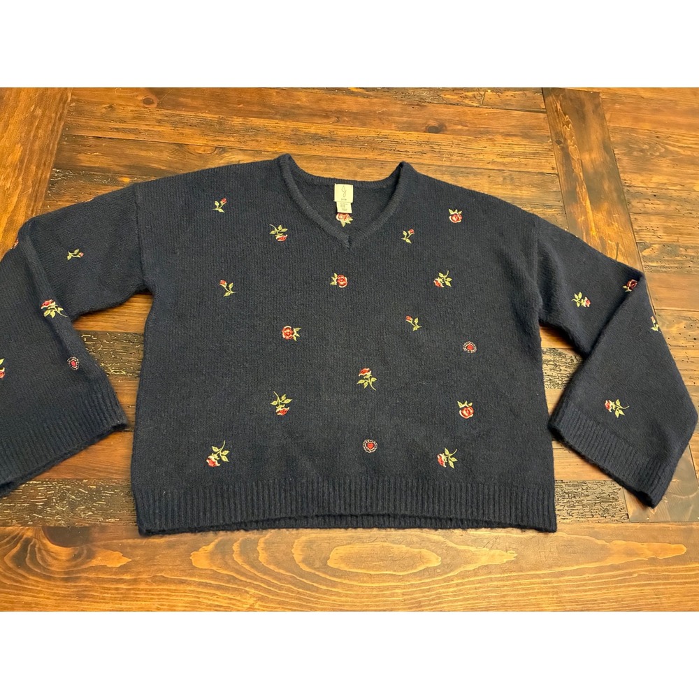Joie Embroidered Sweater VNeck Bell Sleeves Floral Luxury Women's XL Oversized